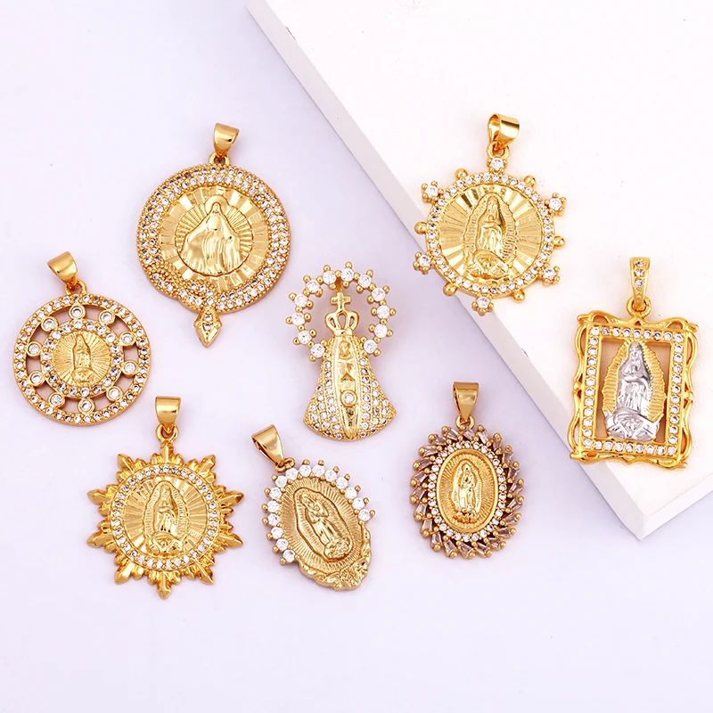 Religious Stye Jesus Virgin Mary Charm Geometry Pendant,Holy 18K Gold Inlaid Cubic Zirconia Jewelry Necklace Accessories M14