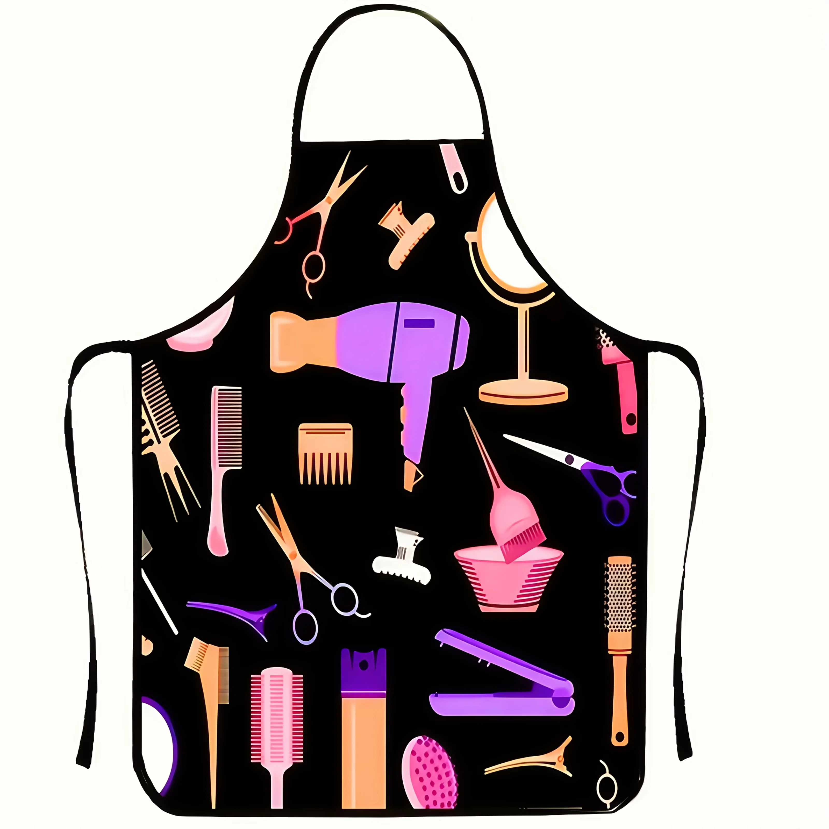 Barber Apron with Hair Dryer, Mirror, and Scissors Pattern - Polyester Salon Apron for Various Settings