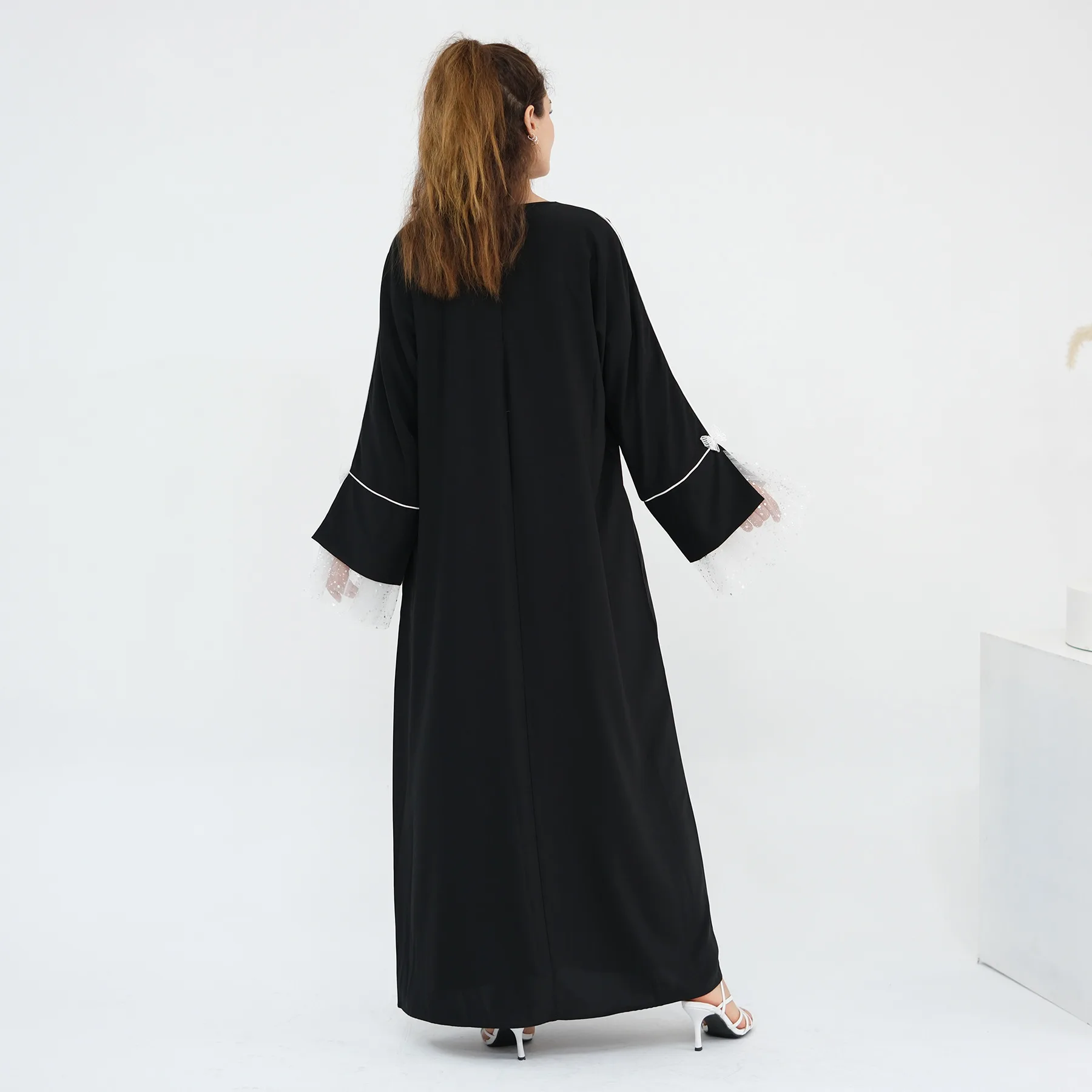Eid negro de lujo musulmán Abaya abierta encaje Patchwork volantes manga vestido Casual Kaftan bata Ramadán Dubai Abayas turcas para mujeres