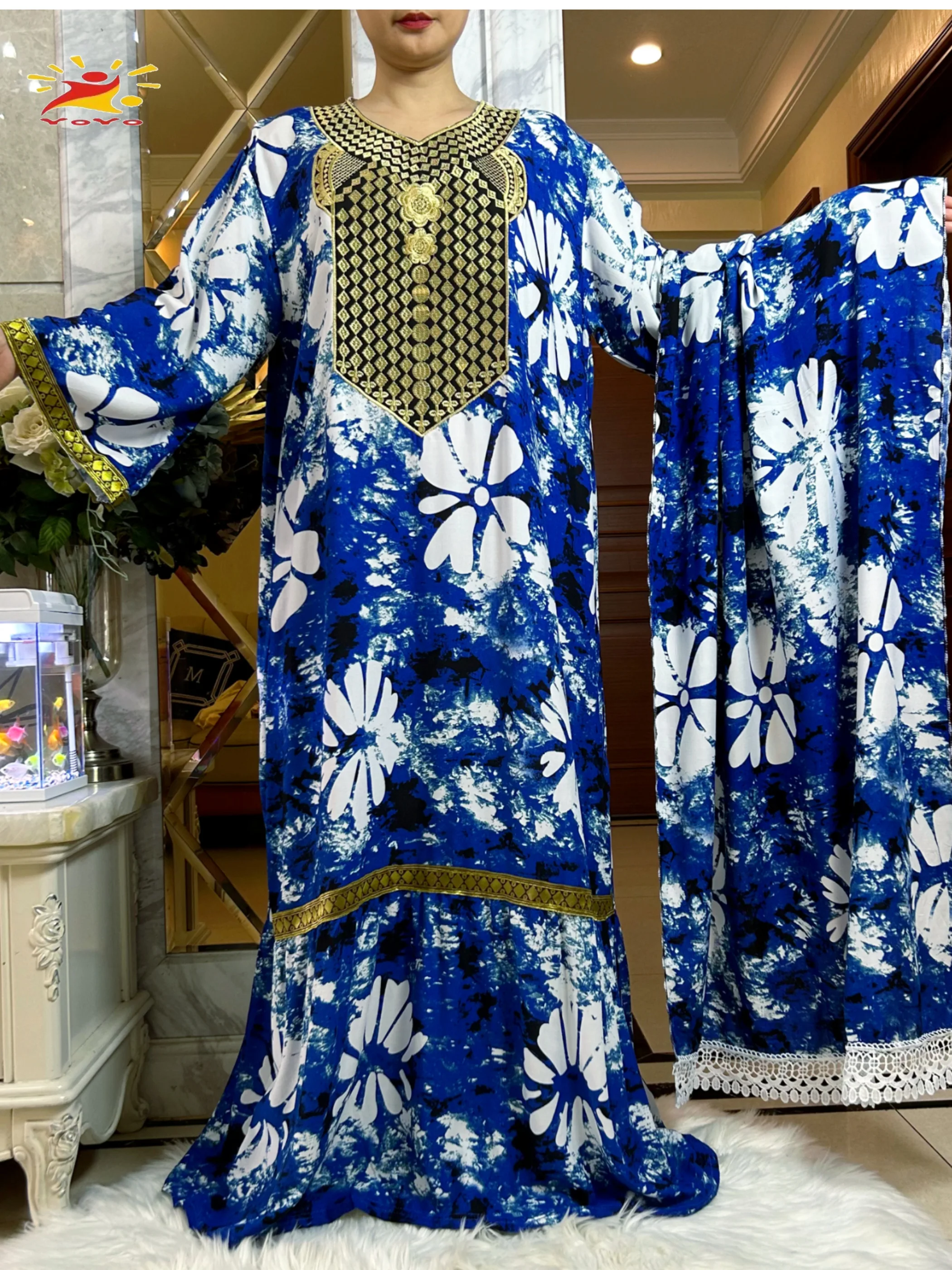 

New Summer Long Sleeve Muslim Abayas For Women Elegant Dress Tie-dry Cotton Loose Fit Femme African Robe With Headscarf