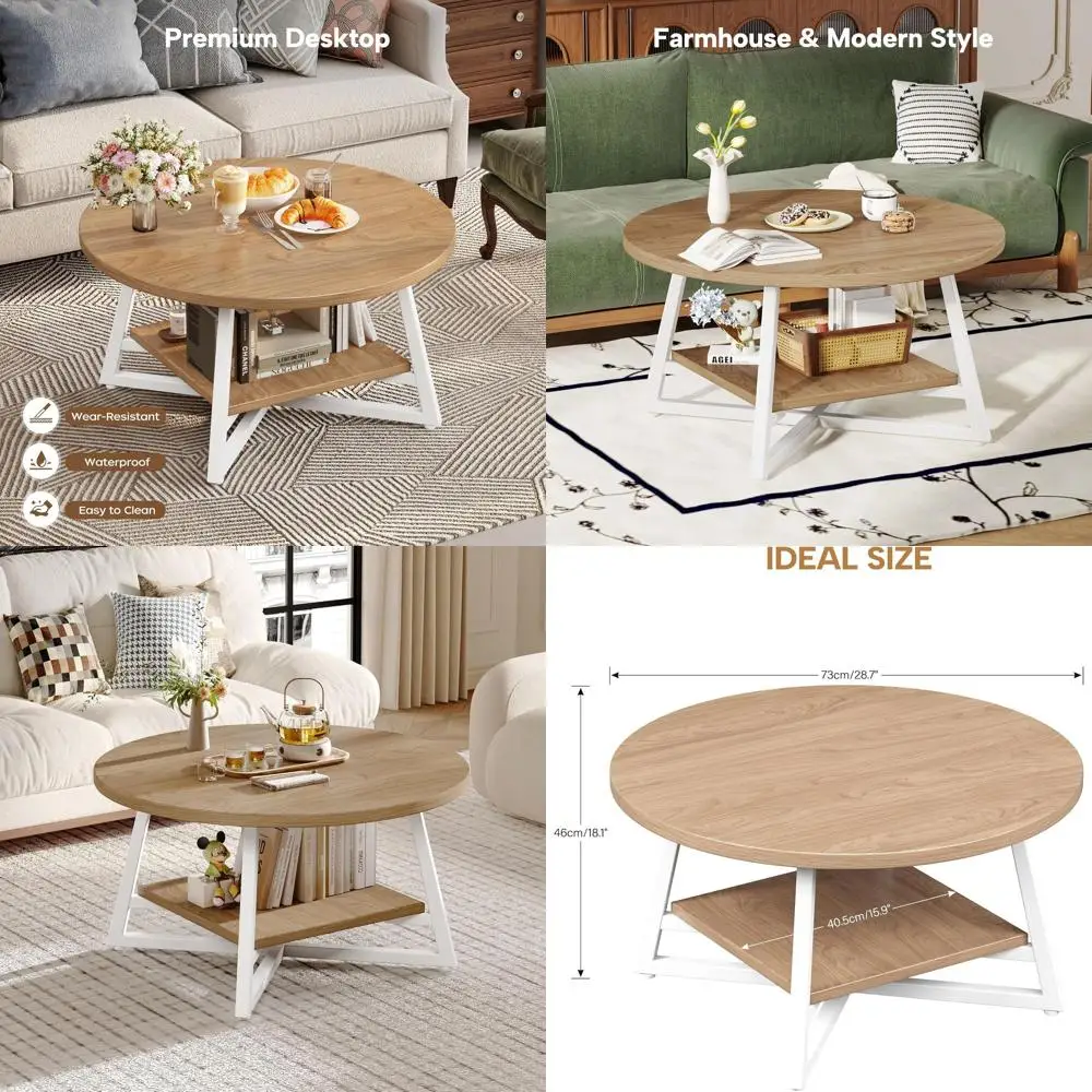 

Компактный круглый журнальный столик с местом для хранения вещей для гостиной и домашнего офиса, идеально подходит для небольших помещений, простая сборка, светлое дерево Finis