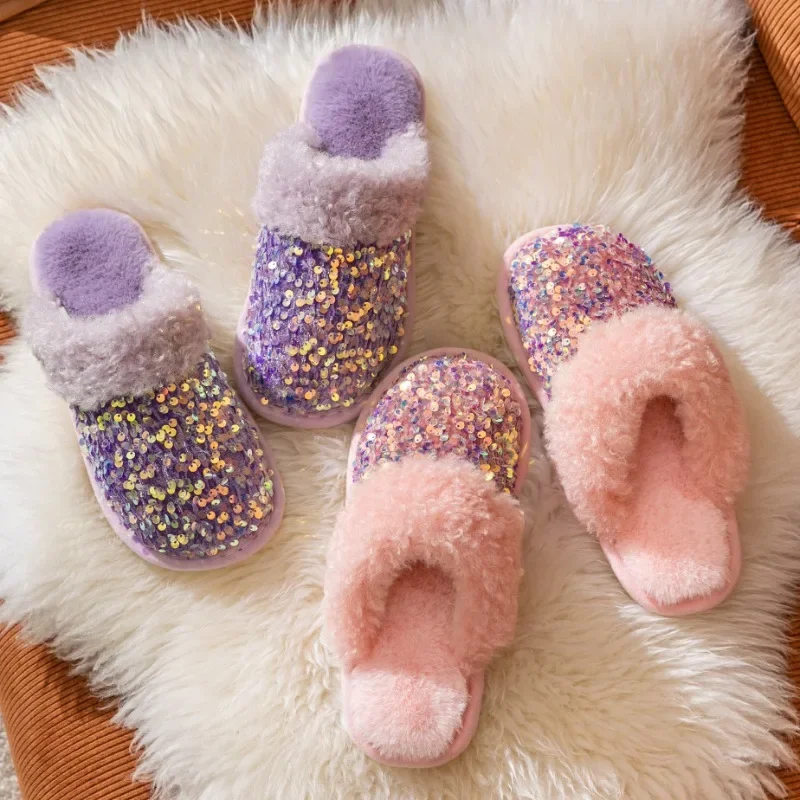 Bling Sequins Home Fur Slippers Women Winter Warm Plush Flat Cotton Floor Shoes Woman Indoor Bedroom Soft Sole Fluffy Slippers