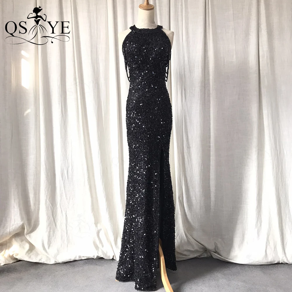 

Halter Neck Black Prom Dresses Beaded Shoulder Straps Sequin Evening Gown Sexy Split Prom Gown Glitter Zipper Woman Formal Dress