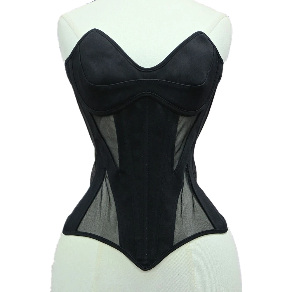 Women Overbust Corsets Cup Push Up Transparent Mesh Bodices Wedding Tops Lace-up Boned Shaping Tops Sexy Strapless Bustier