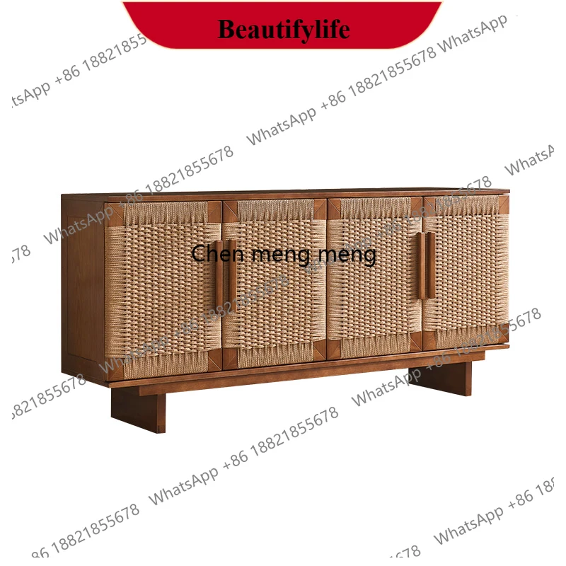 z183 Medieval wabi-sandy wind solid wood dining side cabinet, hand-woven rattan dining side cabinet, Nordic style simple locker
