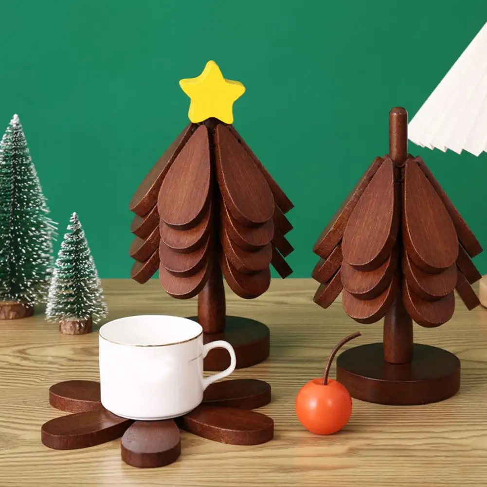 3/4Pcs Christmas Tree Trivets for Hot Dishes Tree Shape Bamboo Potholder with Holder for Pans Bowls Plates Teapots Coasters Home