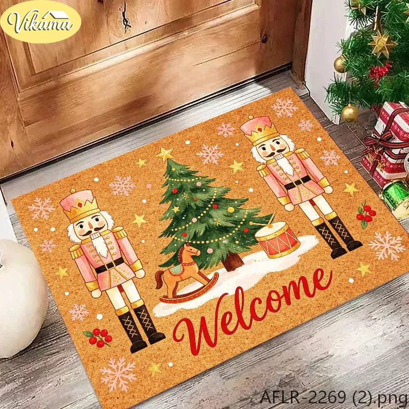 VIKAMA Christmas Doormat Nutcracker Tree Rocking Horse Drum Sturdy Durable Door Mat for Outdoor Entrance Christmas Decor
