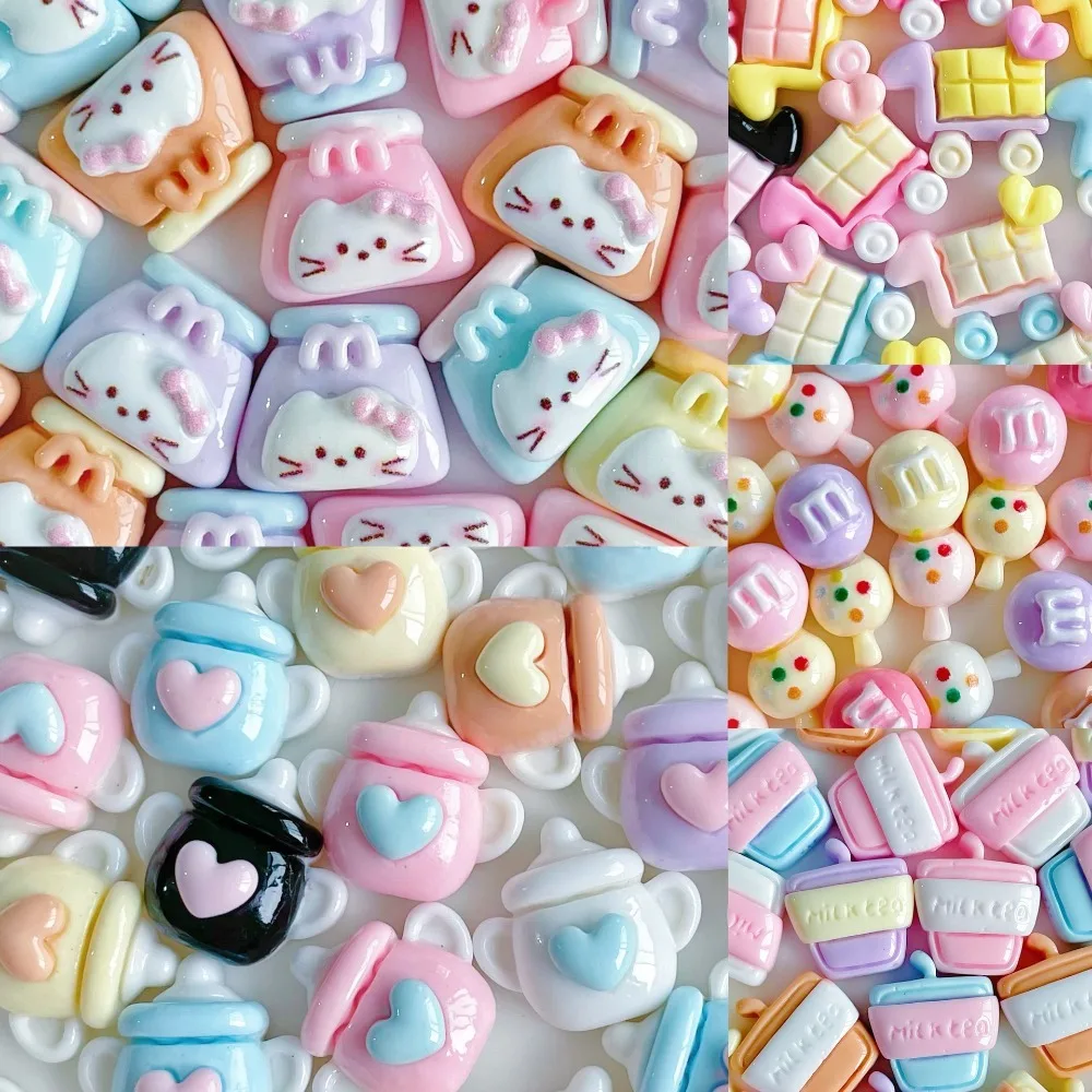 10pcs Kawaii Cartoon Resin Cabochons Mini Cat Paw Cake Bottle Flatback Charms, DIY Craft Scrapbooking Decoration Accessories