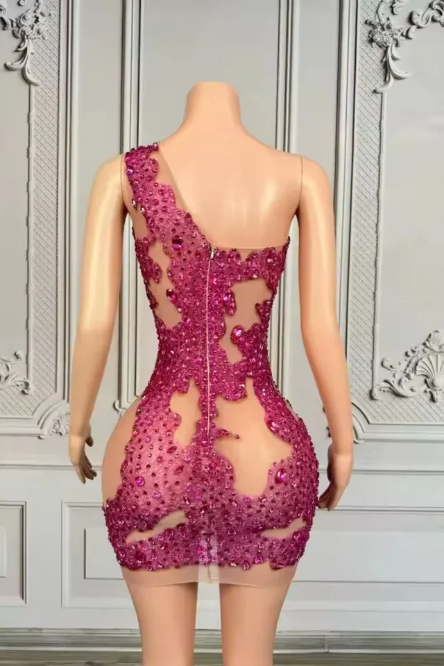 Bar Singer Celebrate Performance Costumes Shining Rosered Crystal Women Sexy One Shoulder Mesh See Through Bodycon Mini Dress