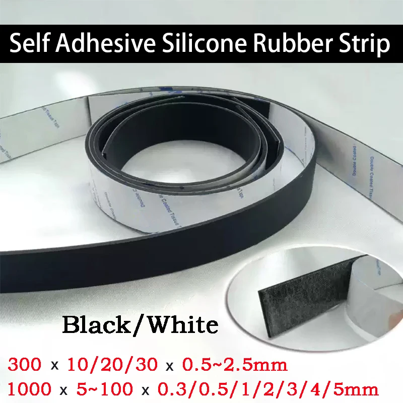 Length 300mm/1000mm Thickness 0.3~5mm Black/White Self Adhesive Silicone Rubber Strip Pad Non-slip Shock-Absorbing Rubber Pad