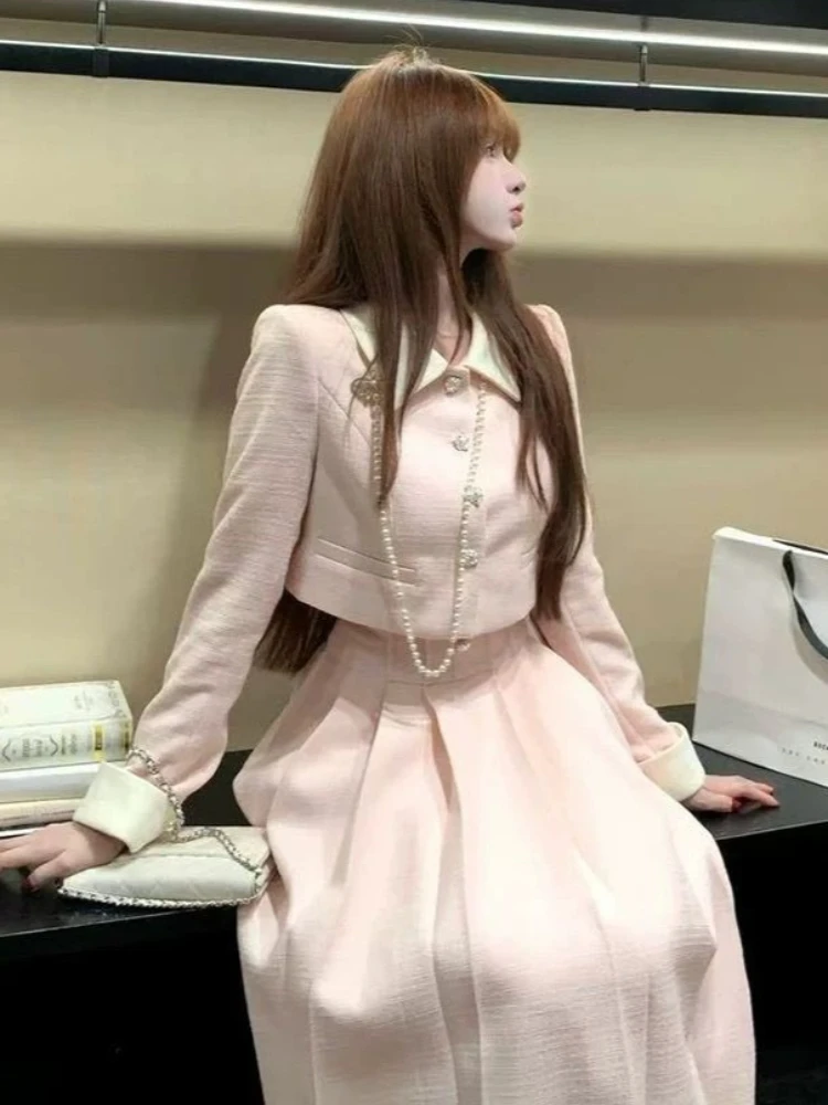 France chaud doux rose 2 pièces ensemble Design de mode revers court ample mince Cardigan femmes élégant taille haute Bouffant jupe longue