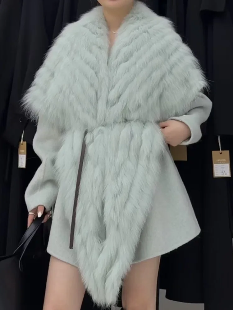 ZMEENNA Womens Luxurious Wool Blend Coat With Oversized Fur Collar Trim Warm Winter Outwear Short Elegant Jacket Brown ZM4540