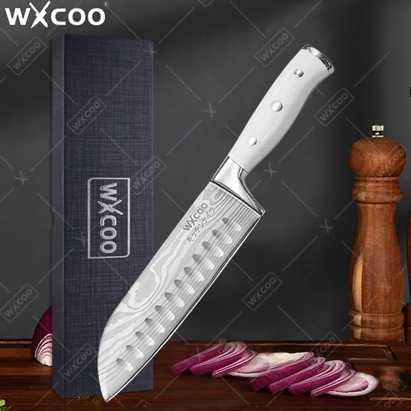WXCOO Damaszener-Muster Küchenmesser Obstschneidemesser Japanisches Santoku-Messer mit Geschenkbox Küchenzubehör