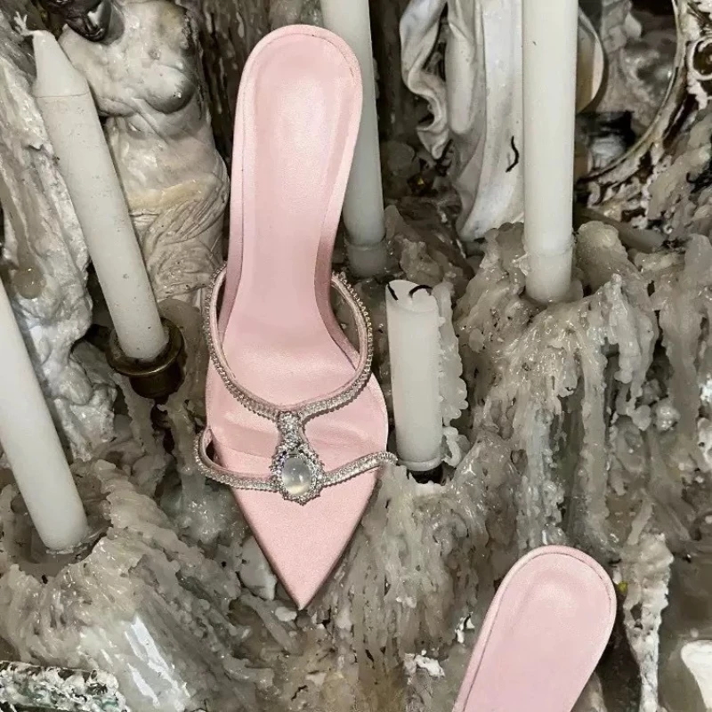 Novedad de verano, Sandalias de tacón alto para mujer, zapatillas deslizantes con diamantes de imitación, zapatos de plataforma de aguja con punta abierta