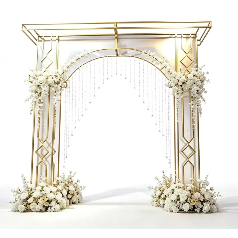 Wedding Gold Metal Arch Backdrop Stand with Transparent Panel, Event Ceremony Decorative Door Frame for Party & Banquet