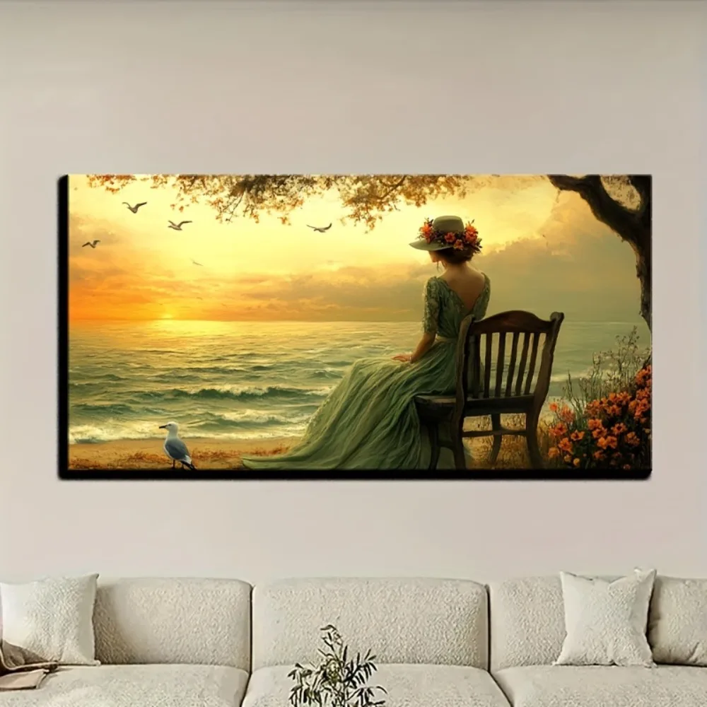 1 canvas painting, wood frame, depicting a peaceful sunset scene by the sea, pine solid wood frame, thickness 1.5 inches