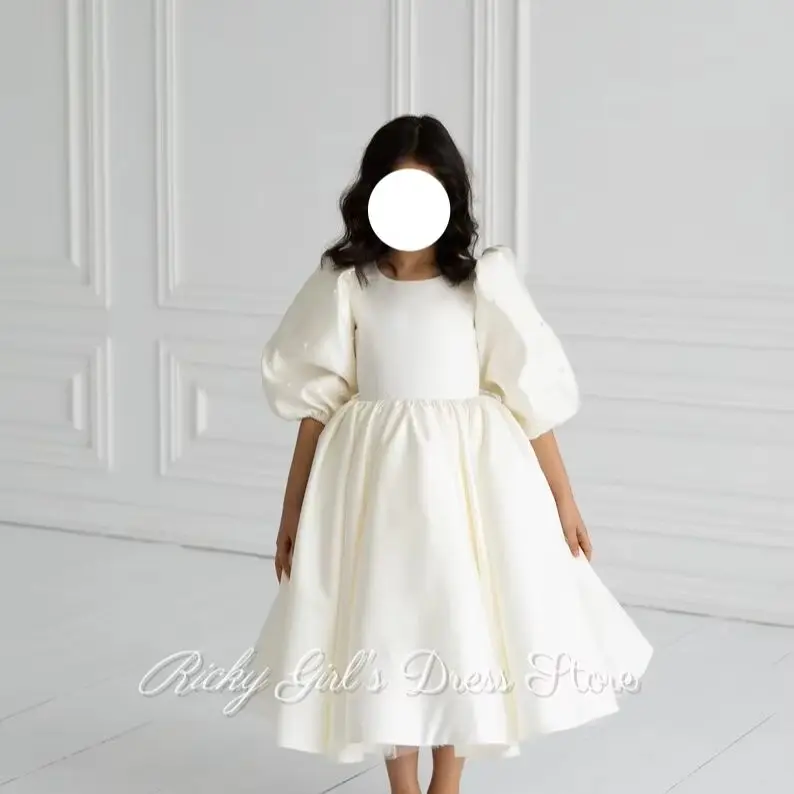 Sisters Girl Gowns Half Sleeves White Satin Taffeta Flower Girl Dress For Wedding Ceremonies Formal Receptions Party Customized