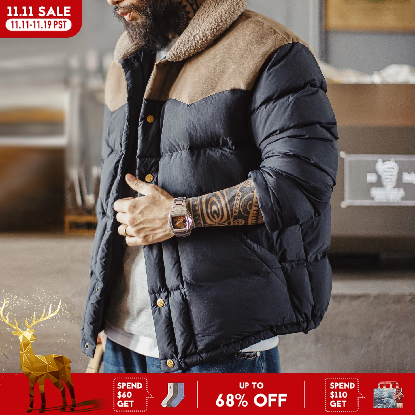 Maden الرجال خمر 90% الأبيض بطة أسفل سترة التباين الصوف طوق البخاخ الجلد المدبوغ لوحات معطف دافئ لخريف شتاء الشارع الشهير #1