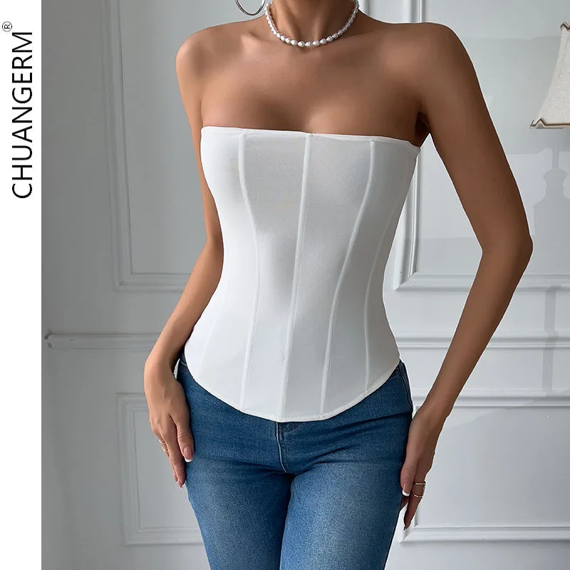 

CHUANGERM Sexy Corset Solid Color Sleeveless V-neck Backless Bandage Women Push Up Hourglass Body Shaper Bustier Lingerie