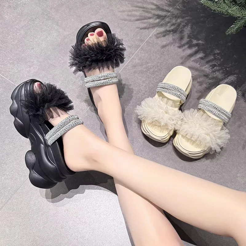 

XMWRLW 2026 Summer Women Slippers Fashion Rhinestone High Heels 8cm Summer Shoes Slippers Female Non Slip Wedges Slipper Shoes