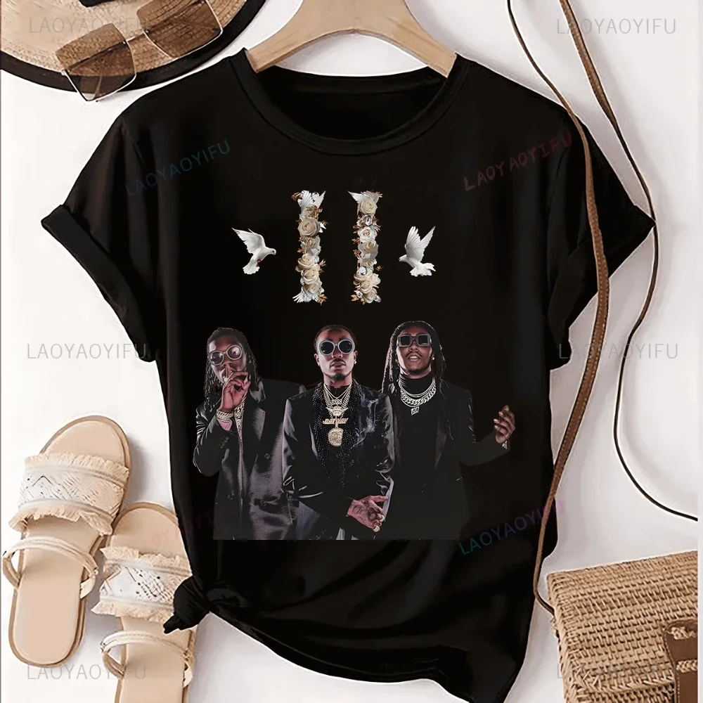 Streetwear Migos Rap Group Printed T-shirt Top Takeoff Trend Harajuku Short-sleeved Neutral Shirt Graphic Oversized T-shirt