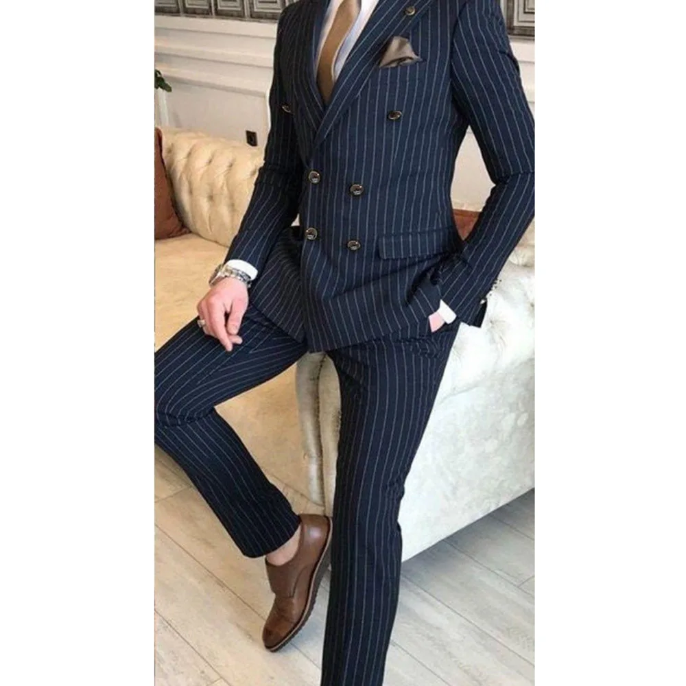 Chic Pinstripe Suits for Men Fashion Peak Lapel Double Breasted Two Piece Elegant Business Office Work Formal Male Suit 2024