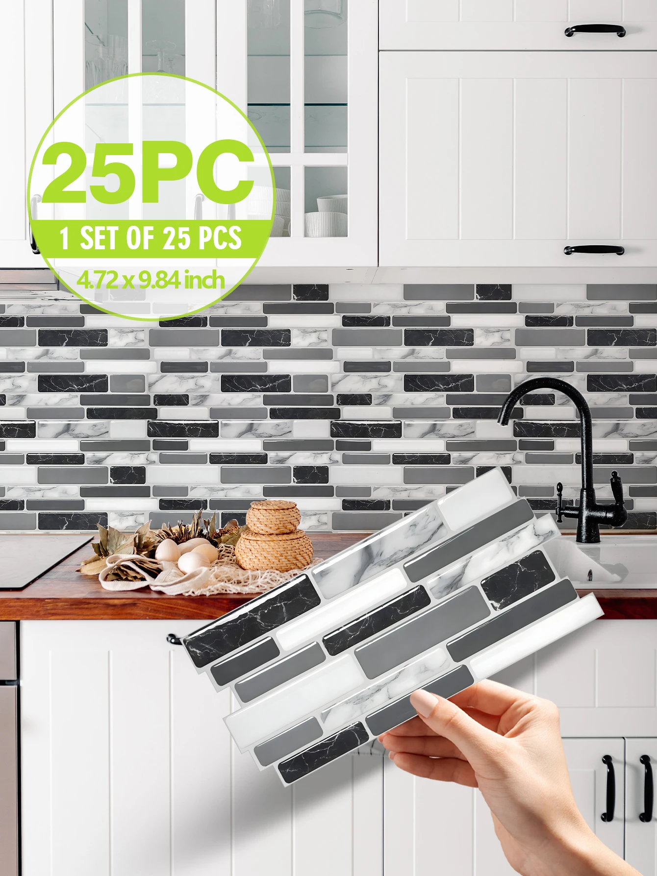 25PCS Black & White Marble PVC Self-Adhesive Sticker Waterproof Oil Resistant Wear Resistant Heat Resistant Kitchen Wall Sticker