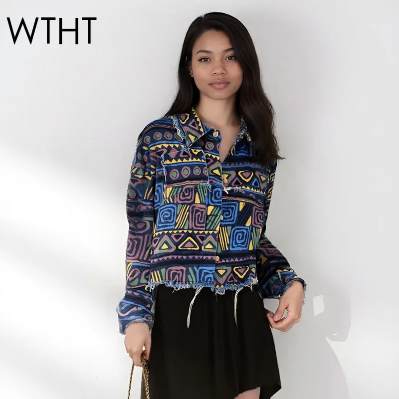 

WTHT Trendy Women's Irregular Print Design Loose Denim Jacket 2025 Autumn Fashion Burr Edge Long Sleeves Coat Female 1LS2292