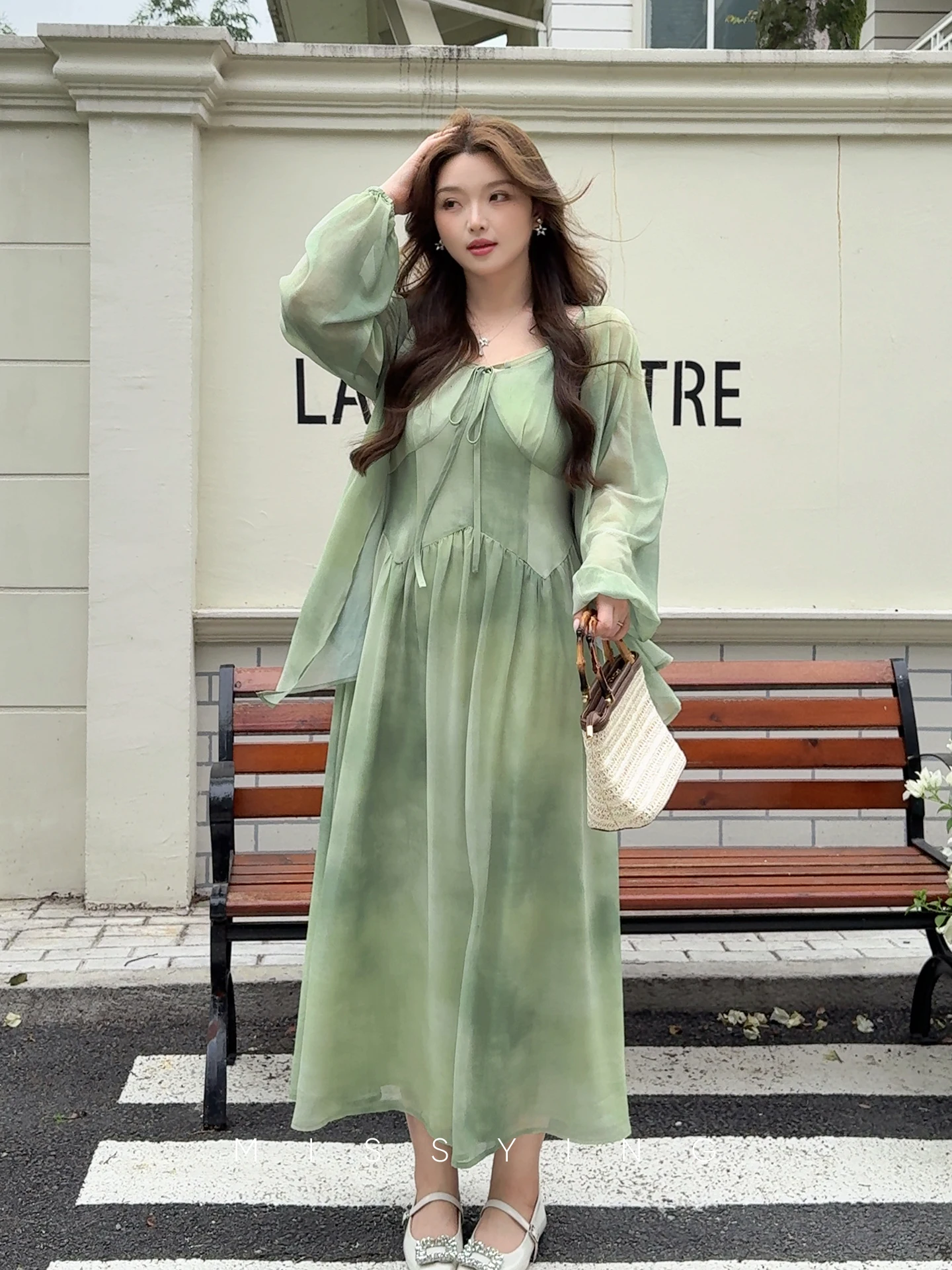 

Miss Ying plus Size Women's Green Set New Style Open Cardigan Strap Dress Two Piece Set Casual High Waist Loose Fit Polyester