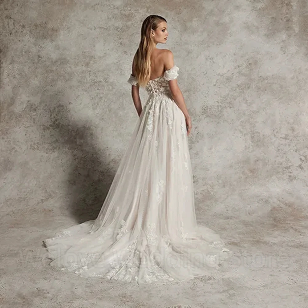 Vintage Off the Shoulder Wedding Dress Short Sleeve A-Line Side Slit Floor Length Boat Neck Backless Bridal Tulle Marriage Gowns