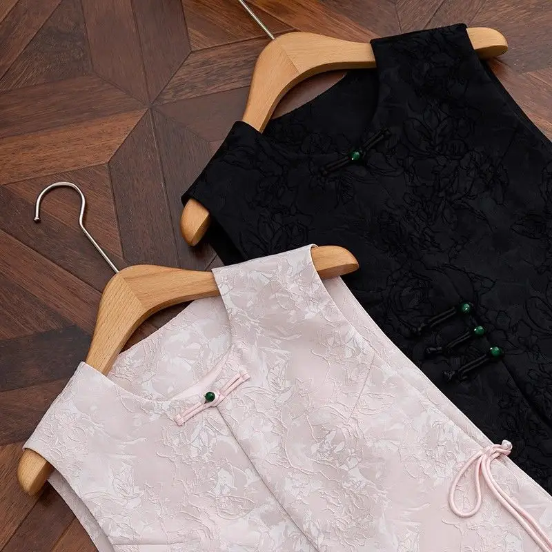 

Blouse Women's Chinese Style Button-Fastening Vest Retro Sleeveless Jacquard Embroidered Crop Top Short Style New Casual Niche