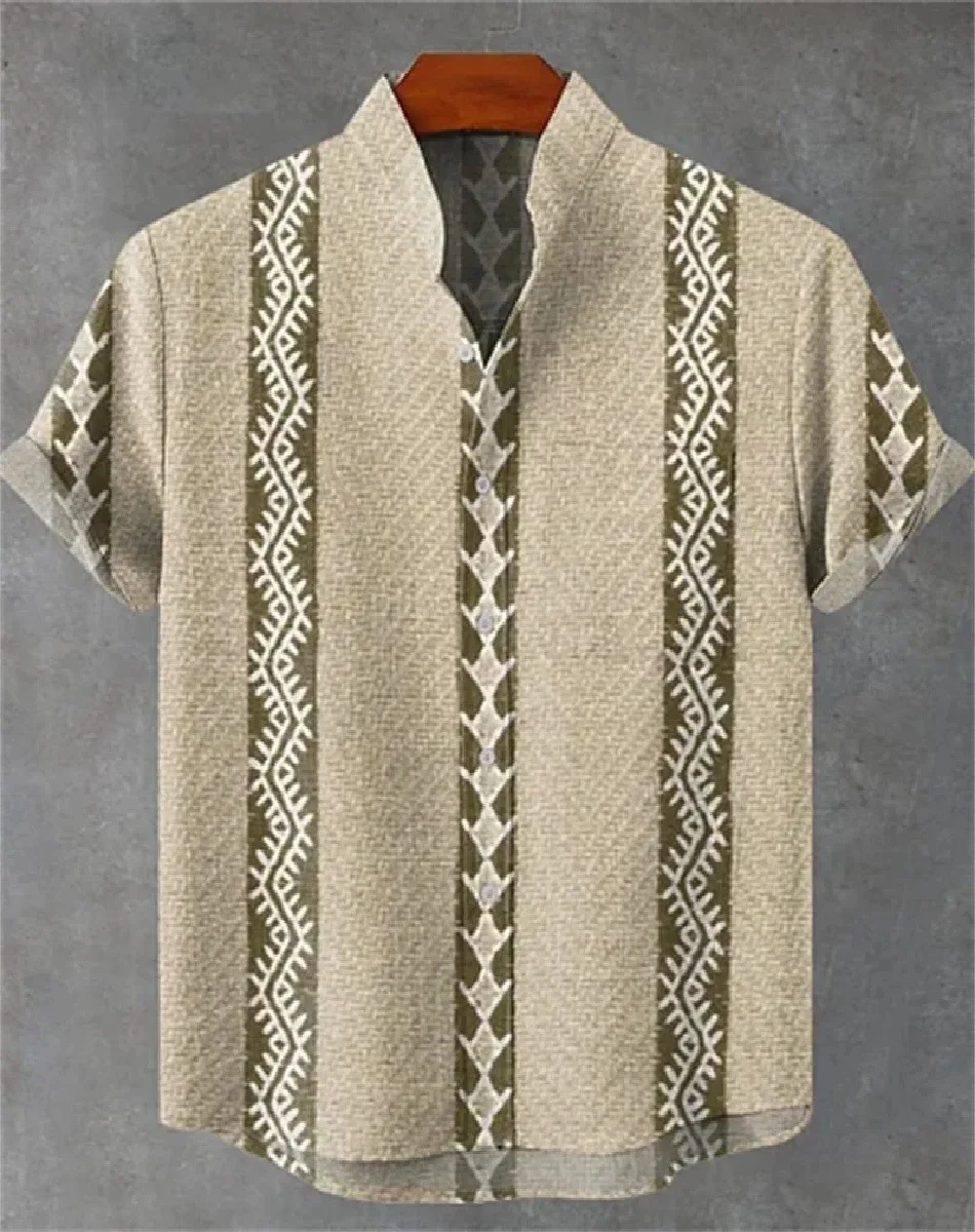 New casual shirt men's linen short sleeved top printed design fashionable street style fashionable Hawaiian button top