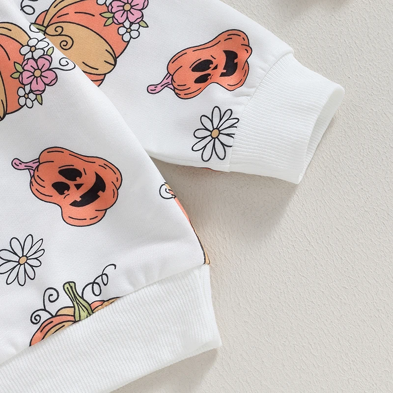 Halloween-Kostüm-Set für Mädchen, langärmelig, Rundhalsausschnitt, bedrucktes Sweatshirt, Oberteil mit passender Hose mit Blumen-Kürbis-Aufdruck für