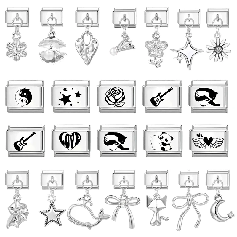 Black Cat Y2K Stars Moon Flowers Bow Pendant Italian Charm Links Fit 9mm Stainless Steel Bracelet Women DIY Making Jewelry Gift