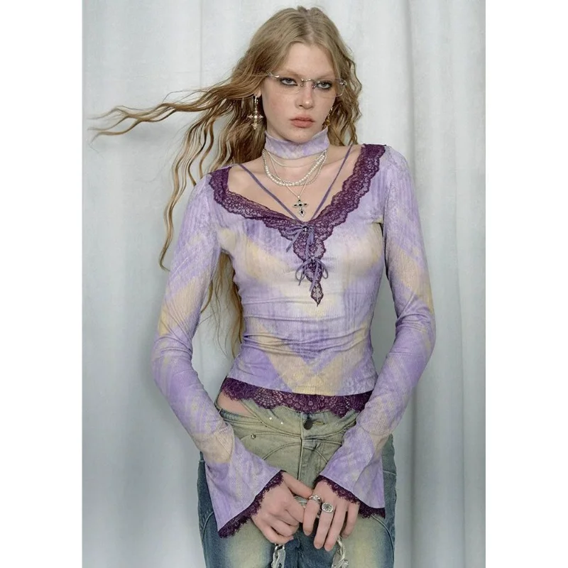 Staggered Plaid Lace Splicing T-shirt Women's New Spring and Autumn V-neck Design Slim-fitting Bottoming Top