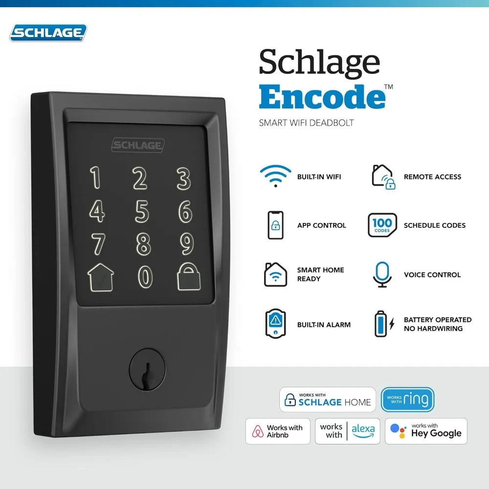 2025-Schlage Encode Smart WiFi Deadbolt للباب الأمامي - دخول بدون مفتاح عبر التطبيق أو شاشة تعمل باللمس - متوافق مع Alexa وGoogle