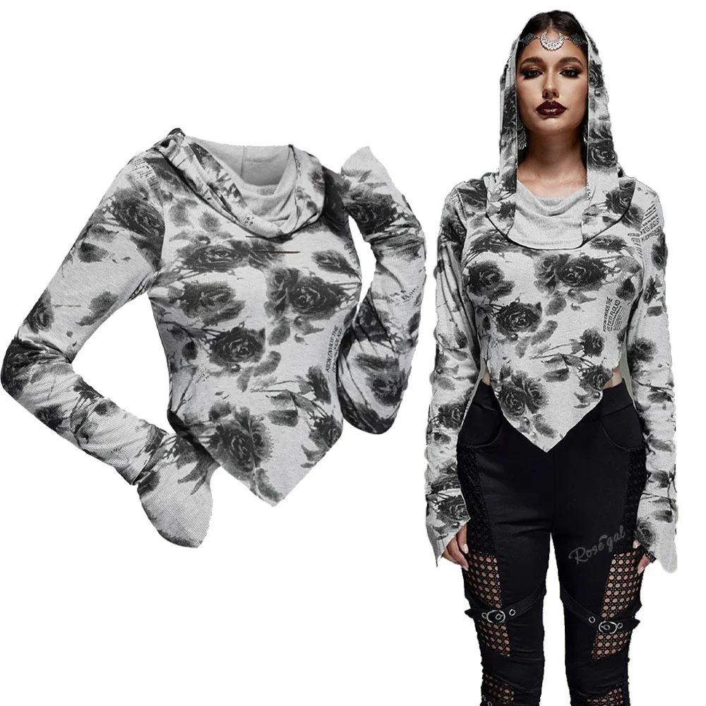 ROSEGAL Plus Size Gothic T-shirt Women\'s Spring Fall Floral Printed Asymmetric Hooded Long Sleeves Tops Gray High Stretch Hoodie