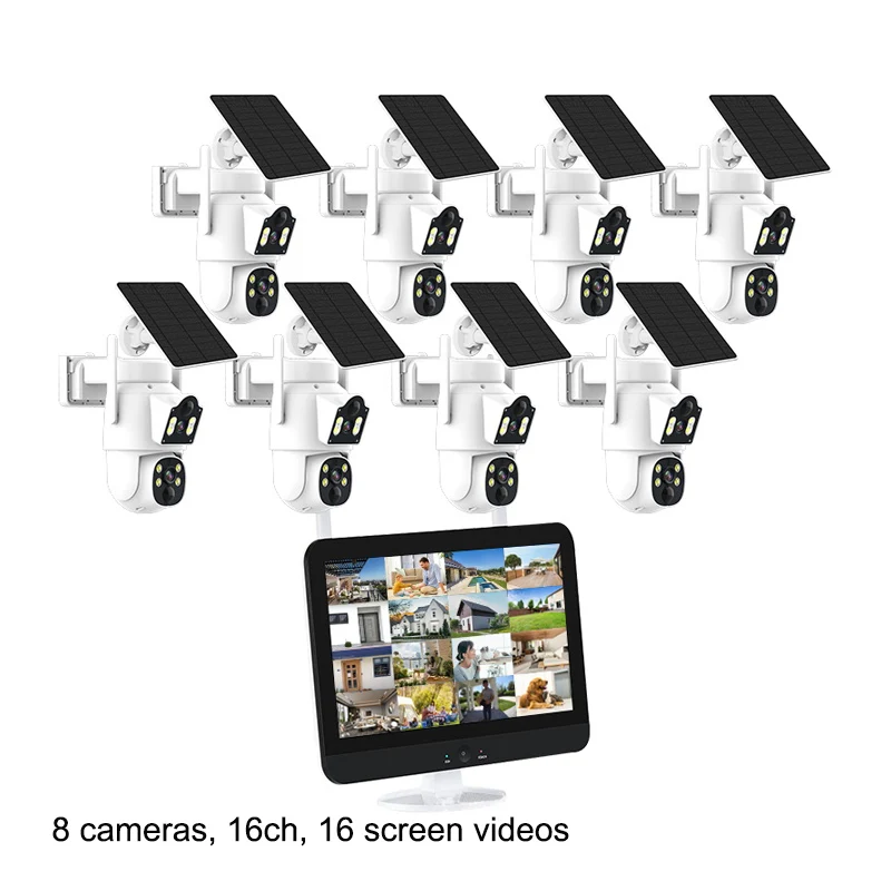 

6MP Double Lens Outdoor Solar Camera PTZ 8 Cameras 16 Channel WIFI NVR 12" Screen Battery Wireless CCTV System