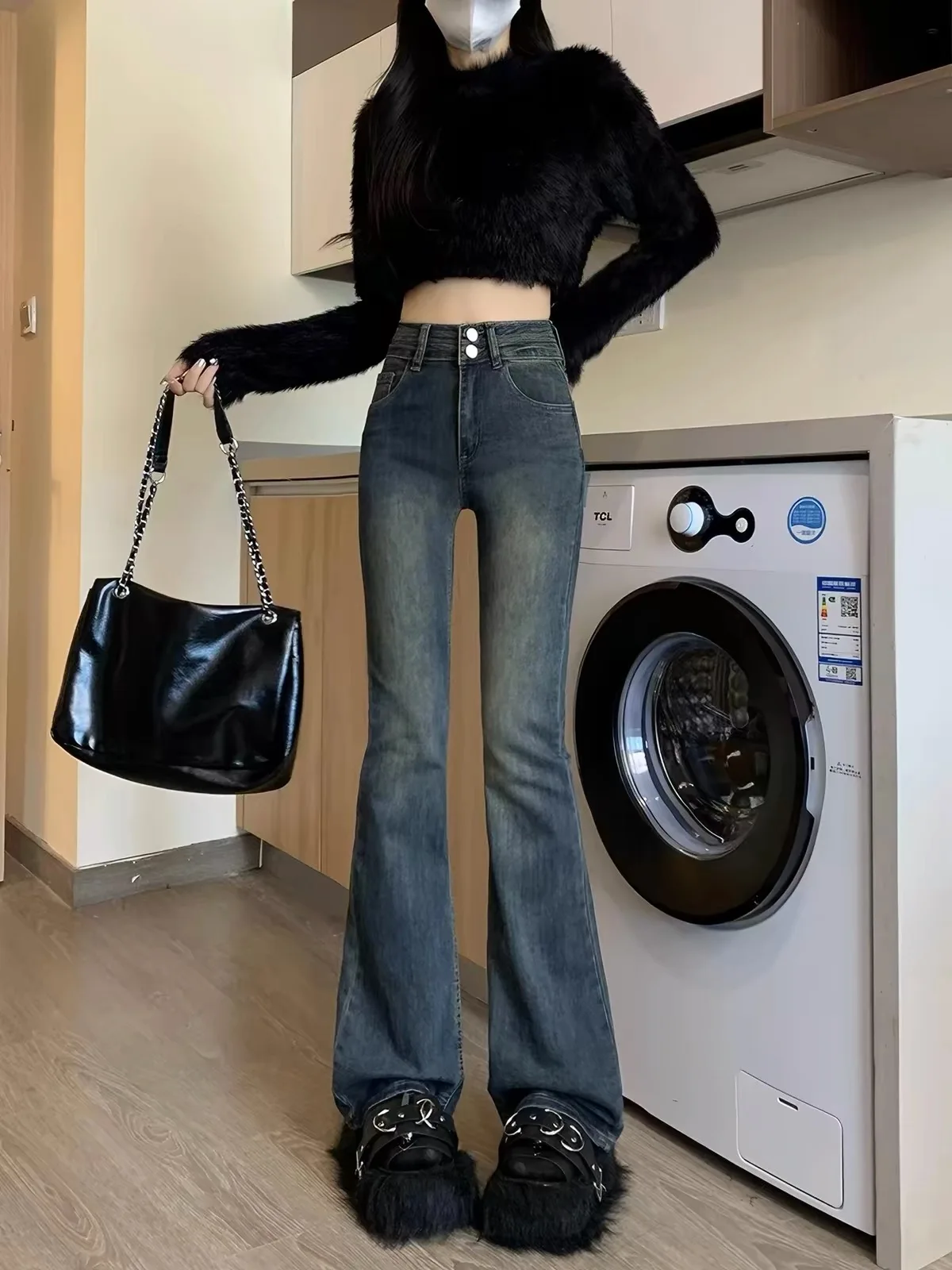 High Waist Bell Bottom Jeans Cement Grey Slim Fit  Hoof Pants for Middle School Students Casual Straight Leg Jeans