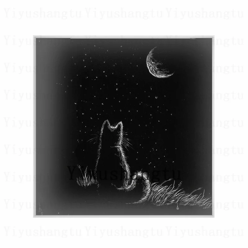 Black cute cat looking at night sky 12mm/20mm/25mm/30mm Square photo glass cabochon demo flat back Making findings