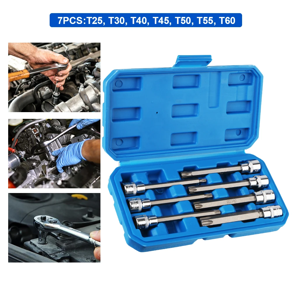 

T25, T30, T40, T45, T50, T55, T60 Size Chrome-Vanadium Steel 3/8inch Torx Star Bit Socket Set 7Pcs Drive Extra Long