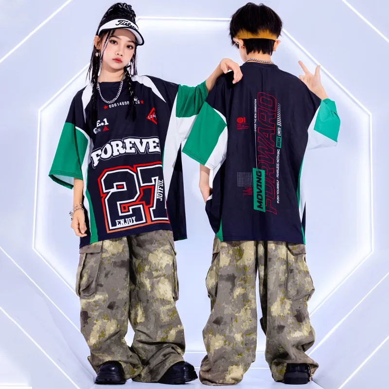 Costume de danse Hip Hop pour filles, haut imprimé, pantalon Cargo de Camouflage pour garçons, vêtements de spectacle de rue Jazz