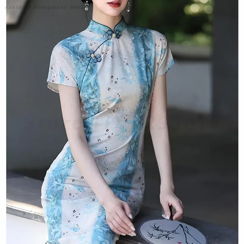 

Female New Chinese Style Cheongsam Summer New Qipao Tradition Mandarin Collar Printed Flower Gown Women Sexy Slim Vestidos