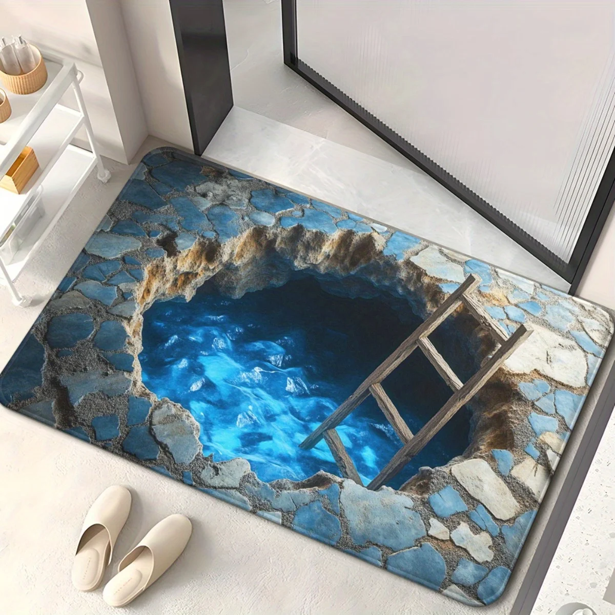 3D Blue Pool Ladder Stone Pattern Door Mat Realistic Water Effect Bath Mat Waterproof Absorbent Floor Rug For Bathroom Kitchen