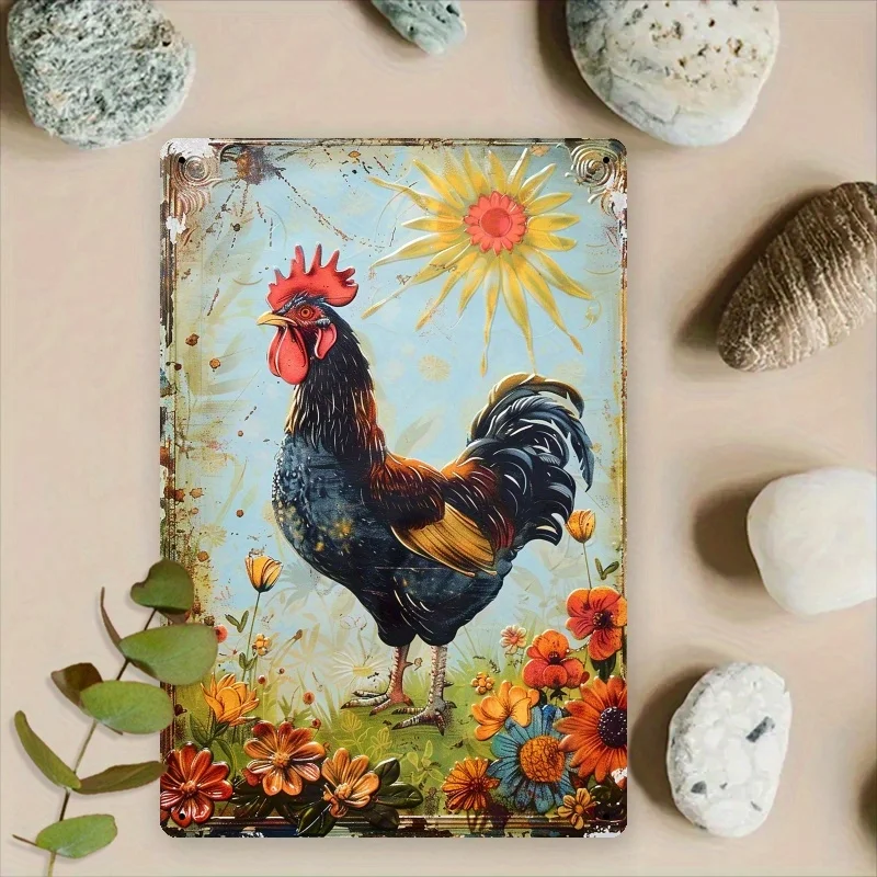 Retro Rooster Iron Sign, 8X12 Inch, Rustic Farmhouse Wall Decor, Multi-Purpose Metal Plaque for Home, Club, Unique Creative Desi