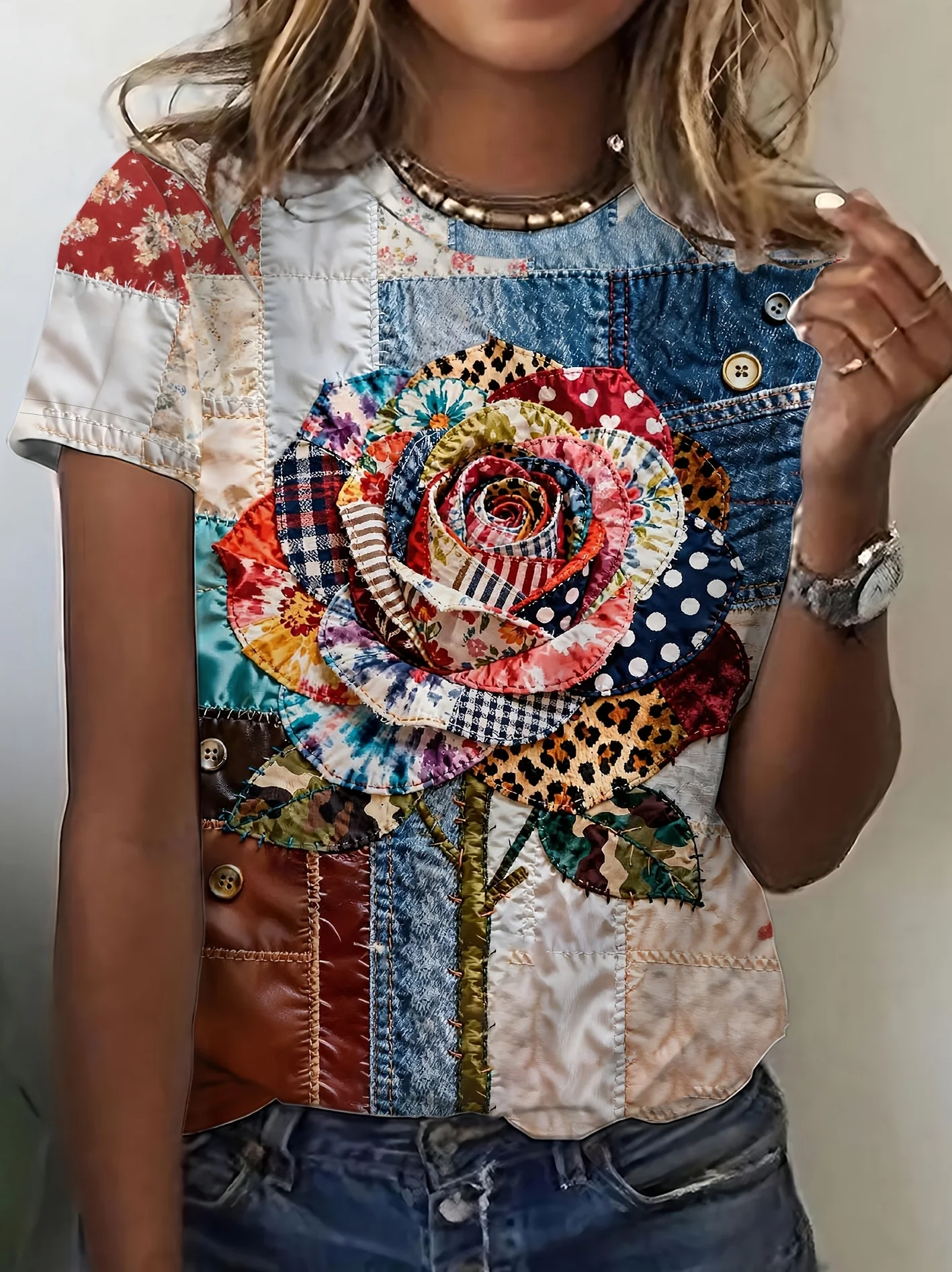 Women T‑shirt Short Sleeve Patchwork Quilted Rose Mixed Fabric Effect Graphic Print O‑neck Casual Daily Summer Fashion Tee Top