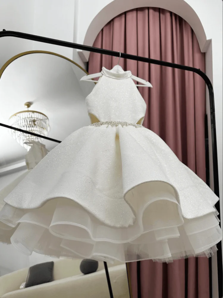 Custom Flower Girl Dress Halter Neck Side Waist Multi-Layer Ruffle Tulle Short Puffy Cutout for Birthday Photoshoot Outfit