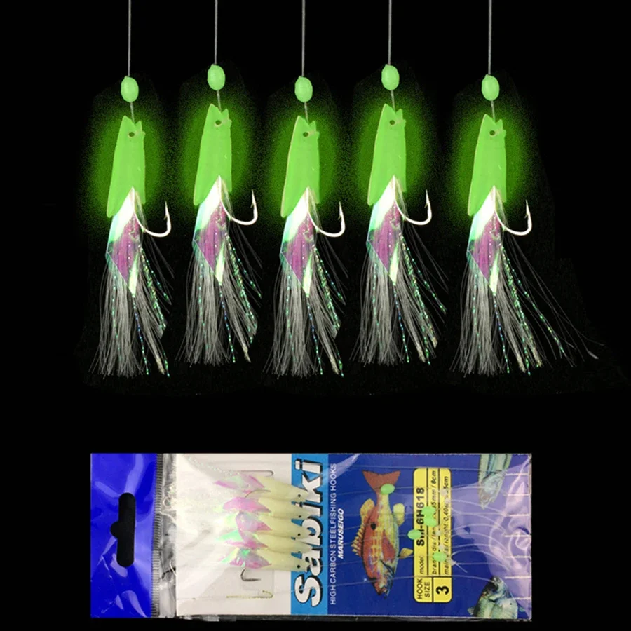 5/25pcs Saltwater Sabiki Rigs Fishing String Hooks with Soft Shrimp Bait Glow Bead Line for Night Fishing Surf Rock Saltwater