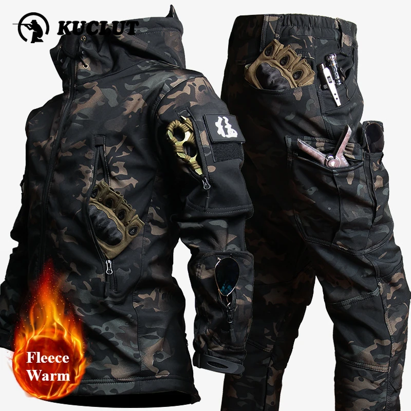 Winter Mens Thicken Tactical Camouflage Set Soft Shell Waterproof Fleece Warm Training Uniform Hooded Jackets+work Pants 2-piece