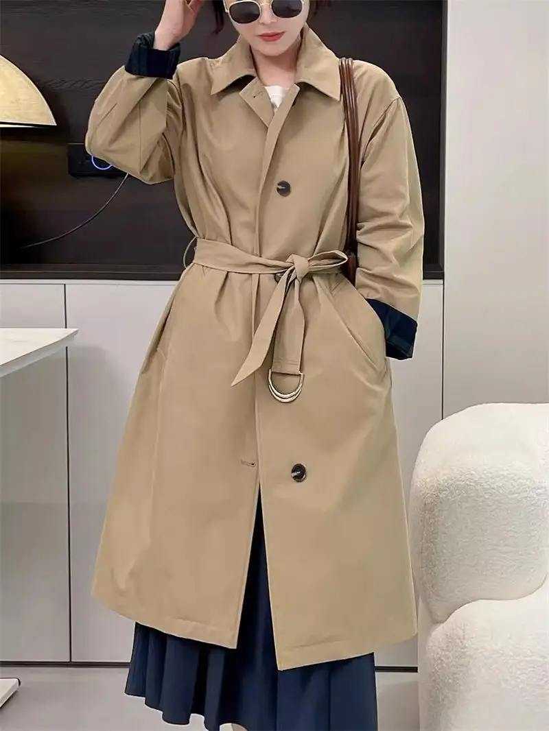 

Khaki Medium Long Casual Trench Coat For Women 2024 Spring And Autumn New Loose Trendy Windbreaker Sashes Outerwear k2087